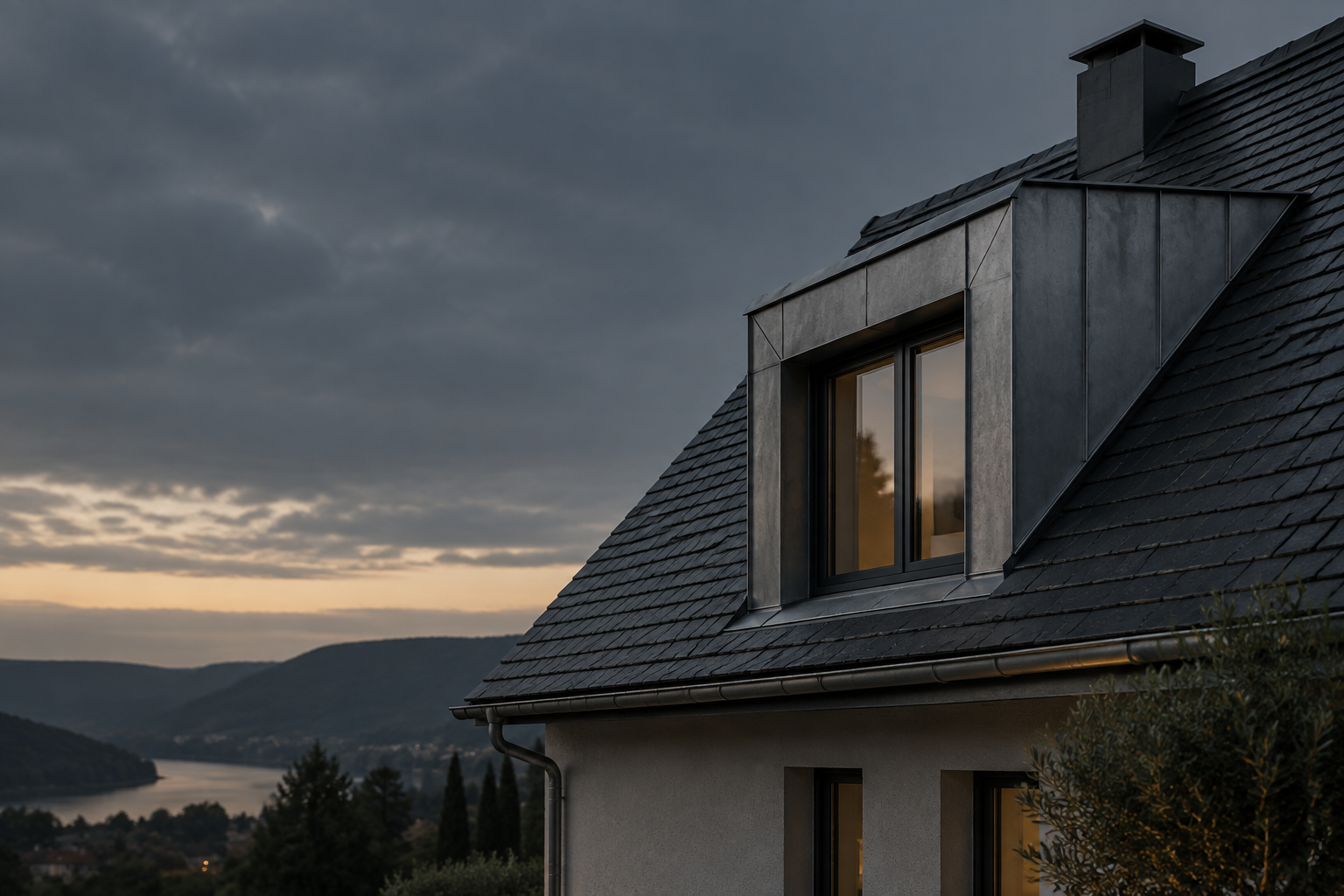 Dunkles Schieferdach mit präzise eingefasster Gaube im weichen Abendlicht.