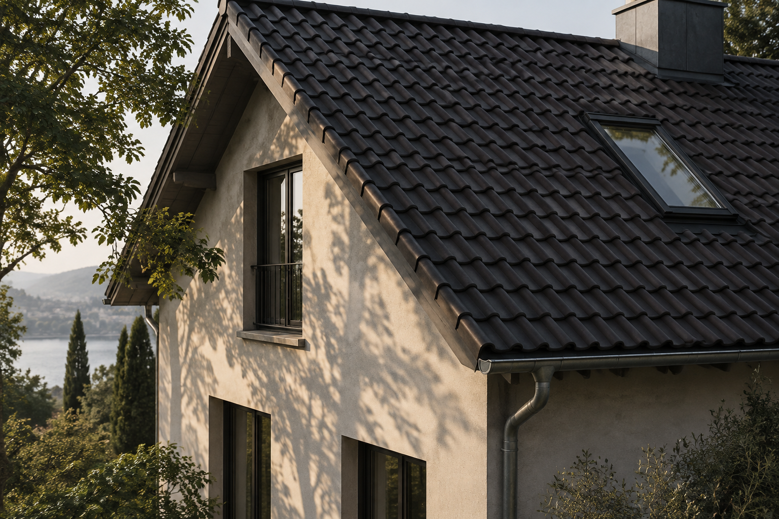 Ruhige Dachfläche aus dunklen Tonziegeln mit Dachfenster und Zinkrinne.